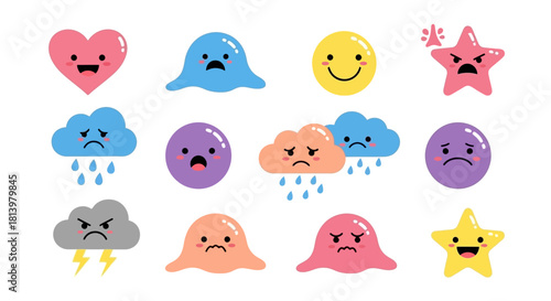 Collection of cute cartoon emoticons with various expressions, including happy, sad, and angry faces.