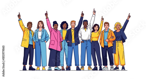 Diverse group of people raising hands, representing unity, support, and inclusivity. Vector Illustration