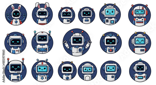 Collection of cute robot avatars with various designs, perfect for tech-related projects and creative illustrations.