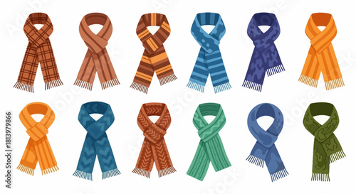 Collection of colorful scarves with various patterns and textures.