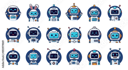 A collection of cute cartoon robot head avatars and chatbot icons set against a white background.