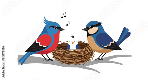 Two colorful parent birds watching over their baby bird singing in a nest, illustration.