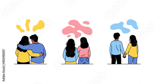 A set of three illustrations showing diverse couples from behind, expressing affection through hugging and holding hands.