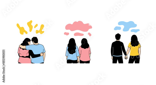 A collection of vector illustrations depicting the various emotional stages of a young couple's relationship, from passion and dreams to peaceful togetherness