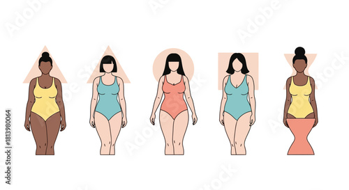 Illustration showing different female body shapes: triangle, inverted triangle, circle, rectangle, and hourglass.