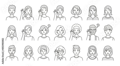 A diverse collection of black and white line art portraits showing various people with different expressions and listening gestures.