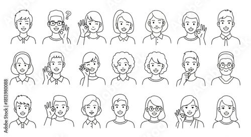 Collection of diverse people expressing various emotions and gestures in black and white line art
