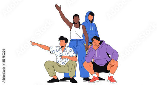 Illustration of four diverse people in casual attire, posing and gesturing in a group.