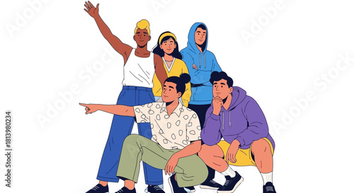 Illustration of five young people posing together, one pointing, one waving, and others looking on.