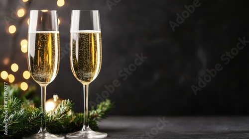 Two glasses of sparkling champagne on a dark background with festive lights, christmas tree branches, and copy space