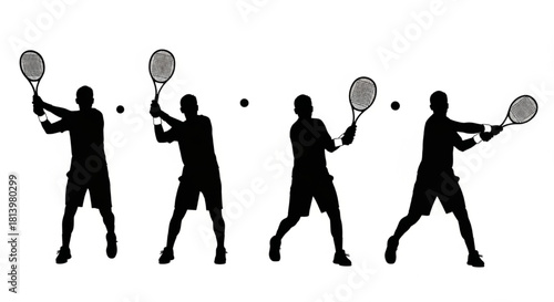 Tennis Player Silhouette Vector Showing Hitting Sequence — Serve, Forehand, Backhand, Volley

