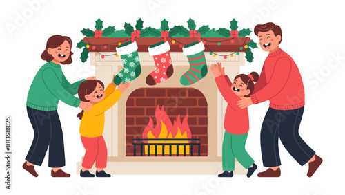 Holiday Cheer at Home: A family gathers in their cozy home, children excitedly reaching for festive stockings hung by the fireplace, creating warm memories and joy