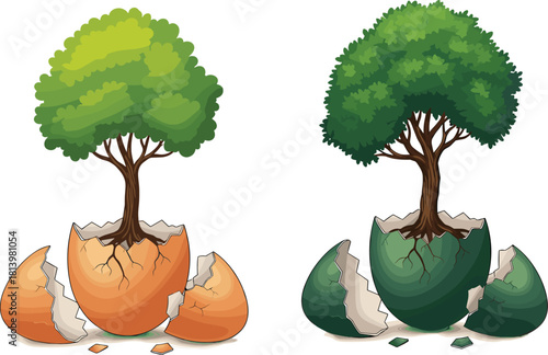 Growing tree sprouting from cracked egg shell symbolizing new life, eco growth, sustainability, green nature concept, environmental protection, regeneration, hope