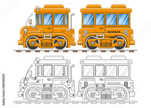 Funny yellow train. Coloring. Isolated on white background. Side view. Vector illustration.