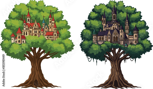 Fantasy castle built inside magical trees, fairytale forest architecture, creative imagination concept, mystical kingdom, enchanted nature, fantasy illustration art