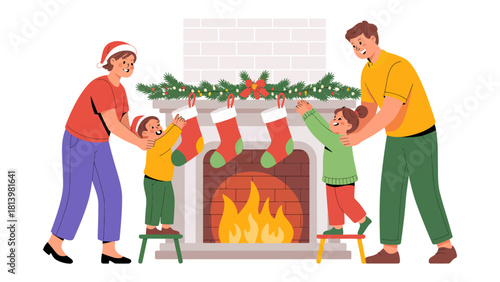 Festive Family: A heartwarming Christmas scene unfolds as a family prepares for the holiday, adorning a fireplace with stockings, embodying tradition and seasonal joy.