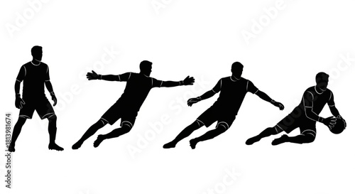 Soccer Goalkeeper Silhouette Vector Showing Action Poses — Ready Stance, Dive Left, Dive Right, Catch

