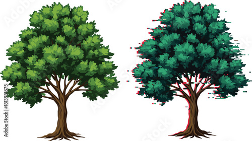 Realistic green tree beside digital glitch effect tree symbolizing technology versus nature, modern contrast, digital art, environment transformation concept