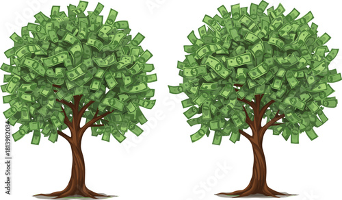 Money trees full of dollar bills representing wealth, financial growth, investment success, prosperity, business fortune, and economic abundance concept
