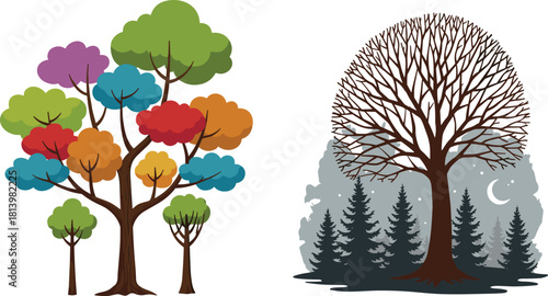 Colorful trees and dark forest landscape with moonlight, contrast between bright creativity and night nature illustration for design inspiration