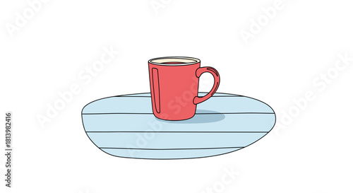 Red mug on blue wooden table in minimalist style  