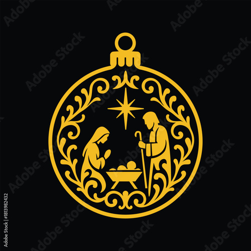 Nativity scene ornament silhouette on black background