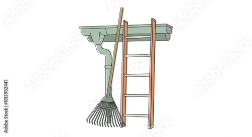 Rake and wooden ladder leaning against a green gutter  