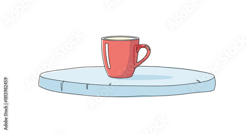 Red mug on a round table with a simple design  