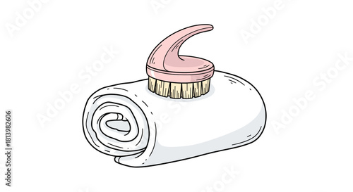 Rolled white towel with a pink facial brush on top  