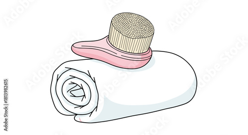 Rolled towel with facial brush in pastel color scheme  