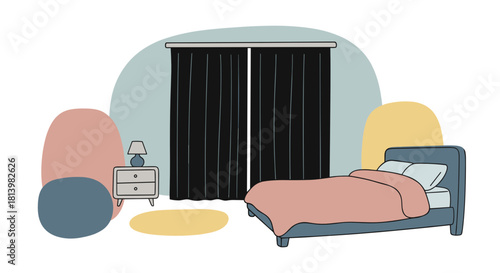 Cozy bedroom with black curtains and stylish furniture in modern design  