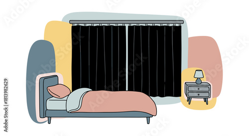 Cozy bedroom with blackout curtains closed and bedside lamp  