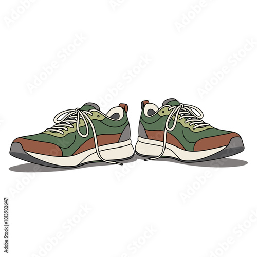 Running shoes in green and brown color on white background  