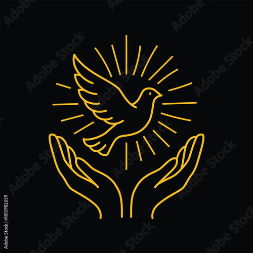 Hands releasing dove with light rays illustration