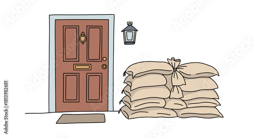 Sandbags stacked by front door with lantern and mat  