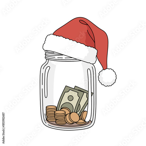 Donation jar wearing Santa hat filled with coins and cash  