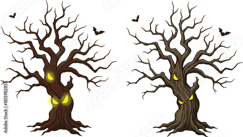 Spooky Halloween haunted tree, dark forest illustration, scary glowing eyes, creepy bats flying, horror night decoration, evil wood monster art
