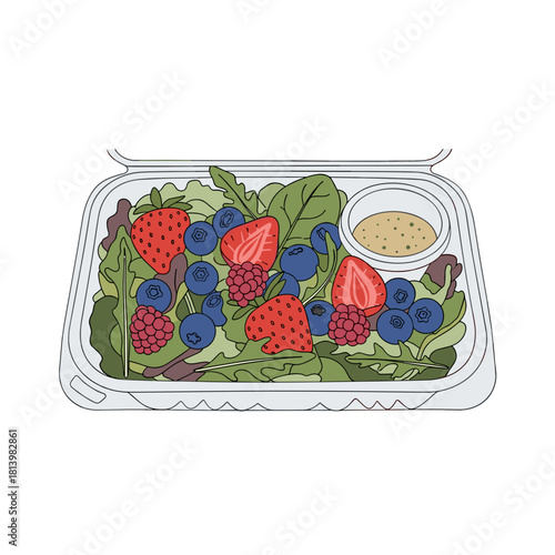 Takeaway salad with mixed greens, blueberries, and strawberries  