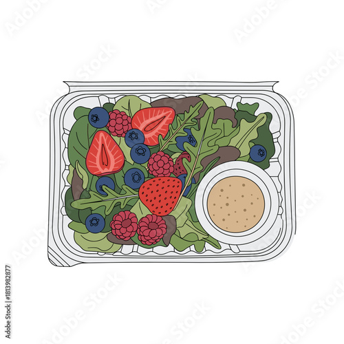 Takeaway salad with strawberries, blueberries, and dressing in box  