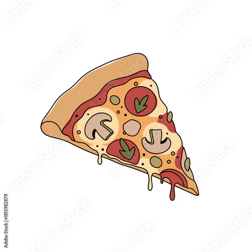 Slice of pizza topped with mushrooms and tomatoes on white background  
