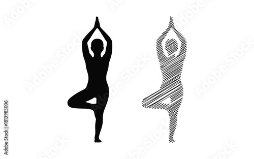 Yoga tree pose silhouette and sketch version