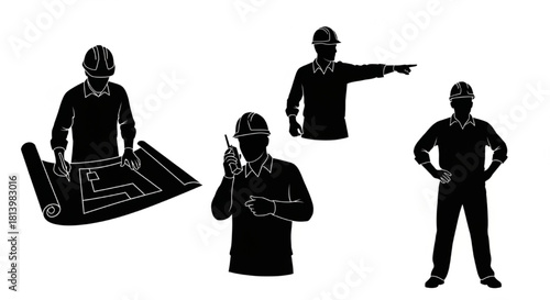 Construction Engineer Silhouette Vector Showing Work Poses — Checking Plan, Pointing, Radio Call, Oversight


