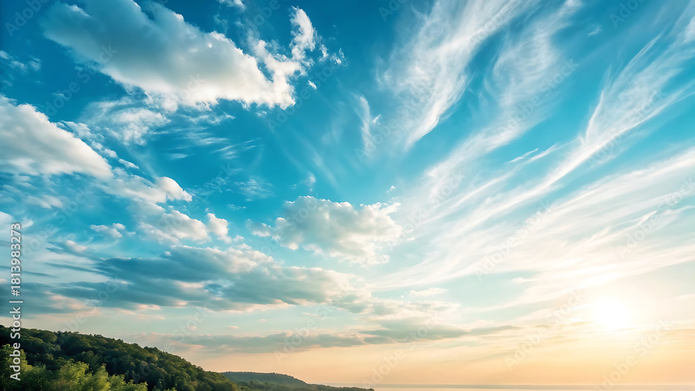 Fototapeta premium Expansive sky with wispy clouds and a sunlit horizon over a lush green landscape