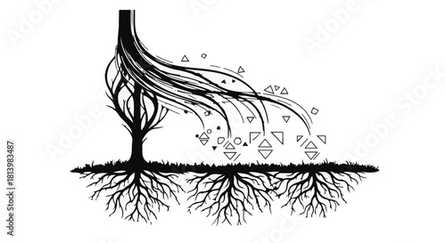 Abstract illustration of tree roots spreading and transforming into geometric shapes symbolizing growth and connection.
