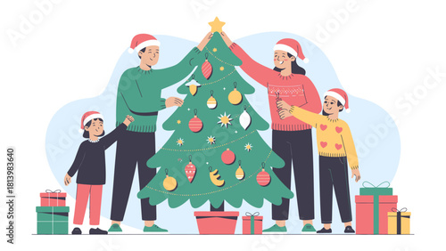 Festive Family Moments: A family decorates Christmas tree together with love and joy, surrounded by wrapped gifts, creating a warm, inviting atmosphere filled with the spirit of the season.