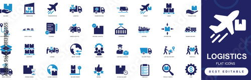 Logistics icon set featuring delivery, shipping, cargo, warehouse, supply chain, transportation, tracking, and freight icons for business and apps.
