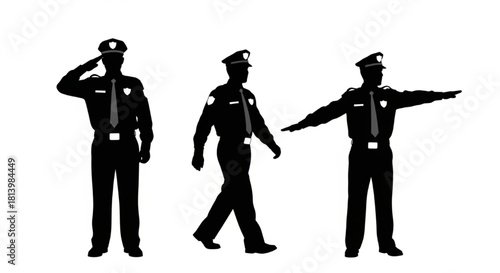 Security Guard Silhouette Vector Showing Stance Sequence — Standing Watch, Patrolling, Saluting, Signaling

