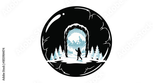 Person walking towards a glowing portal in a snowy forest, viewed through a bubble