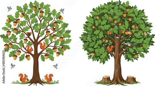 Beautiful oak tree with acorns, squirrels, and birds illustration, forest wildlife nature concept art, autumn season woodland design