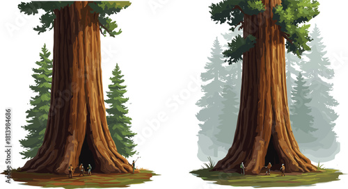 Massive redwood tree with people exploring forest base, giant sequoia trunk illustration, nature landscape art showing size and wilderness beauty